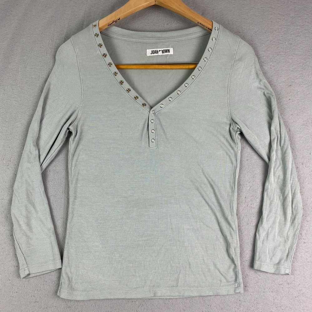 Joah Brown Shirt Womens M/L Green Henley Long Sleeve Ribbed Knit Top Stretch